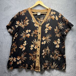 Y2K Top Womens 1X Plus Floral Modest Warm Cottage Button Front Short Sleeve VTG